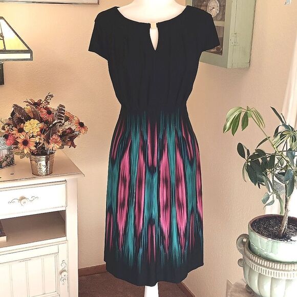 Tahari Flame Kelly GREEN/Magenta Print Cap Sleeve Dress. Boho. Dramatic. Career. - Picture 1 of 13